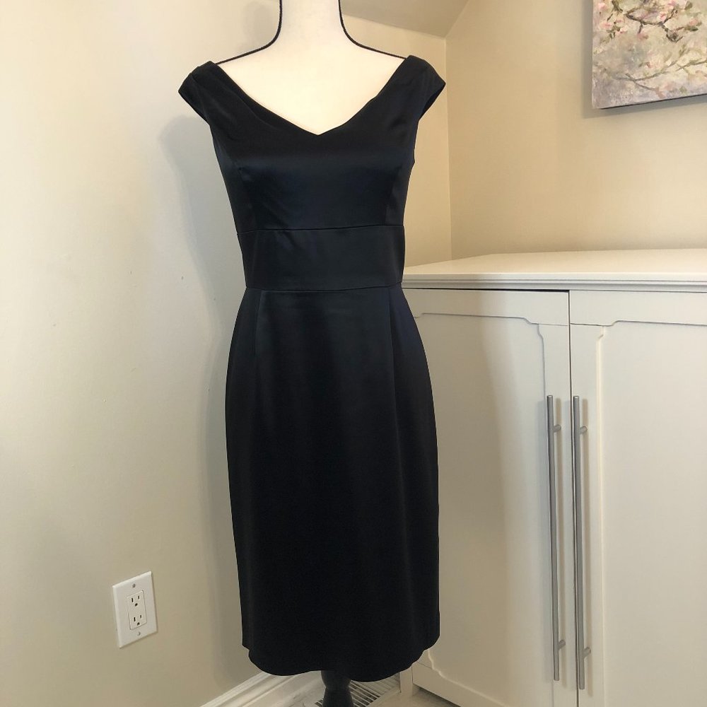 White House | Black Market, Black Satin V-neck, V-Back Cocktail Dress, Size 10